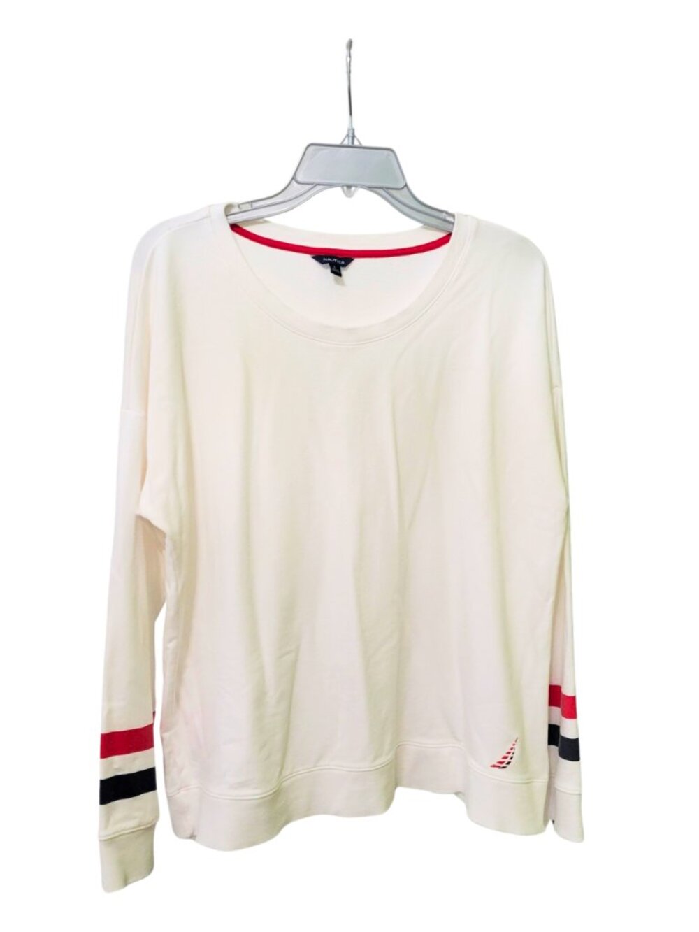 Nautica Long-Sleeve Striped-Cuff Crewneck Pullover | Large